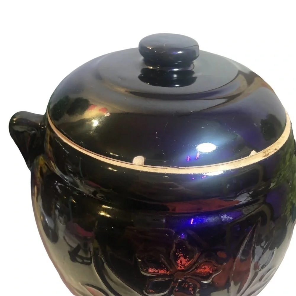 Vintage Crock Cookie Jar, Bean Pot & Lid, Cold Paint Floral